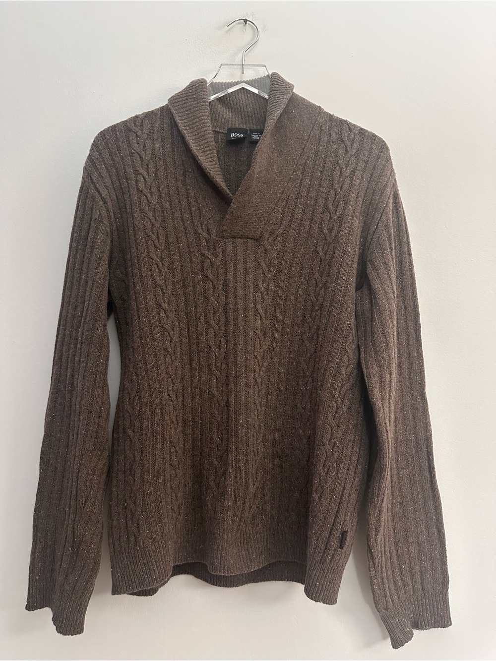 BOSS Hugo Boss Men's Small Slim Fit Brown Cable Knit Shawl Collar Sweater